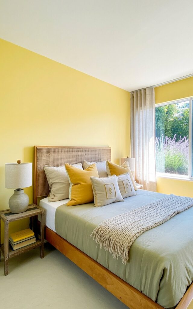 A queen-sized bed with a solid wood frame and a woven headboard sits centered in the room, featuring a sage green linen duvet cover and several throw pillows in varying shades of yellow and cream. The bed is adorned with a chunky knit throw blanket and two square decorative pillows with subtle geometric patterns. A small nightstand made of reclaimed wood sits on one side of the bed, holding a ceramic lamp with a linen shade and a stack of books with neutral-colored covers. Soft daylight streams through sheer linen curtains partially covering a large window overlooking a garden with tall grasses and blooming lavender plants.
