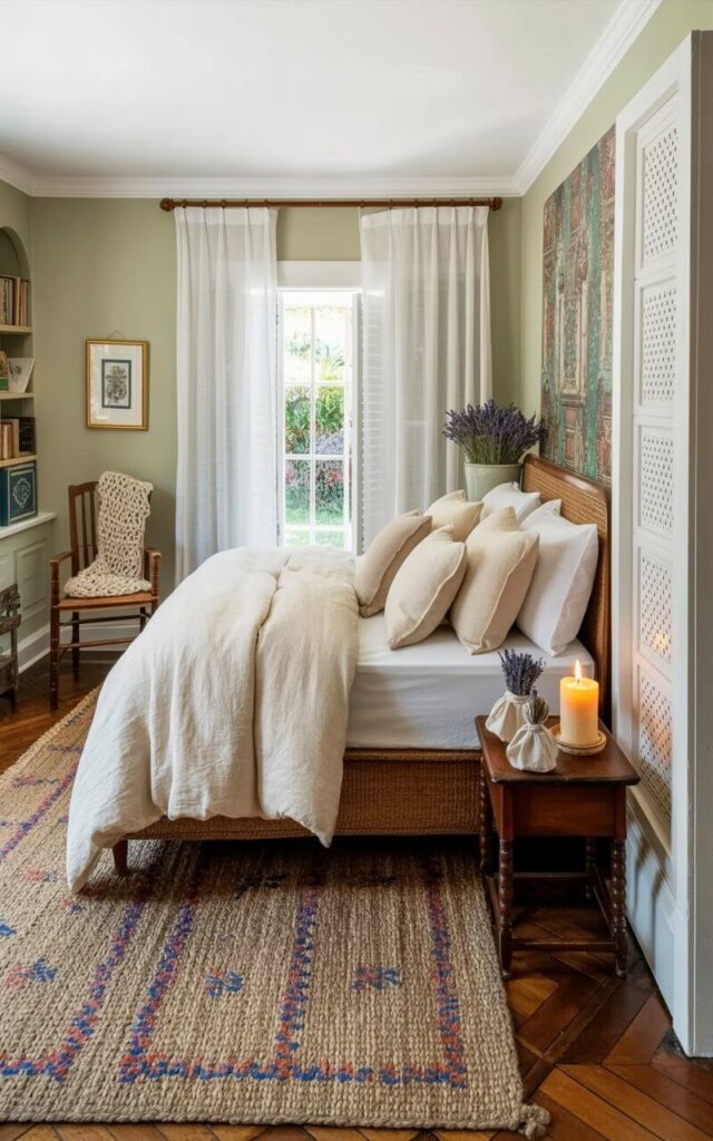 A neatly made bed with a thick, cream-colored linen duvet and several plush pillows sits centered in the room. Two unscented linen sachets filled with dried lavender rest on a small wooden nightstand beside the bed, alongside a lit beeswax candle in a simple ceramic holder. A woven rug with a subtle geometric pattern covers the wooden floor, and a sheer white curtain filters soft light from a window overlooking a garden. The walls are painted a pale sage green, and a vintage wooden chair with a knitted throw blanket sits in a corner near a small bookshelf.