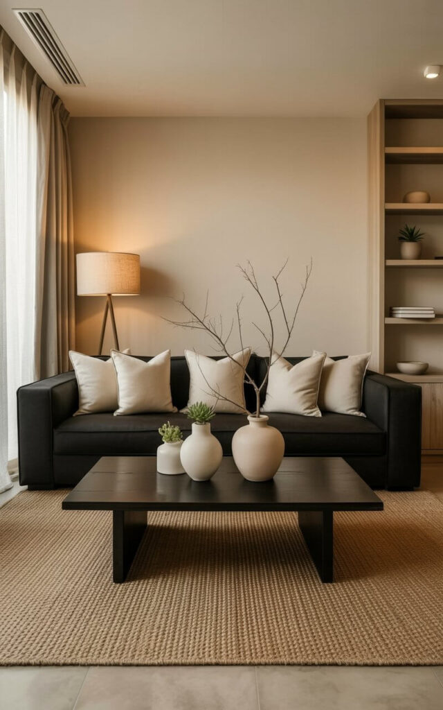 A large, comfortable sofa upholstered in black fabric dominates the living room, with several beige throw pillows arranged across its cushions. A woven beige rug sits centered beneath the sofa, partially covered by a low, rectangular coffee table made of dark wood and featuring a simple design. Ceramic vases in varying sizes and shapes, displaying dried branches and small succulents, are placed on the coffee table and a nearby bookshelf constructed from light-colored wood. Large windows with sheer white curtains allow natural light to fill the room, which is accented by a single floor lamp with a linen shade standing in the corner.