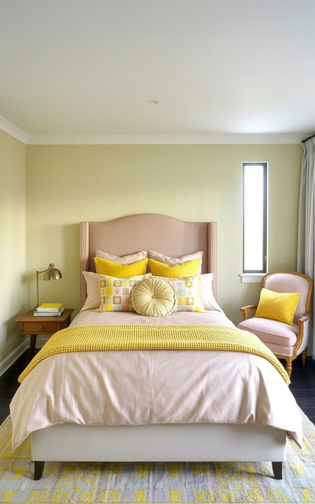 A queen-sized bed with a tall upholstered headboard in a soft blush pink sits centered in the room. The bed is covered with a duvet in a lighter blush tone, layered with a woven yellow throw blanket and several decorative pillows – two square pillows in solid yellow, two rectangular pillows with a subtle geometric pattern incorporating yellow and blush pink, and a large round bolster pillow in a cream-colored linen. The room features pale yellow walls, a dark wood floor covered with a patterned rug in shades of yellow, blush pink, and cream, and a tall, narrow window with sheer white curtains. A small wooden bedside table with a brass lamp and a stack of books sits to the left of the bed, while a comfortable armchair with blush pink upholstery and a yellow cushion sits in the corner near the window.
