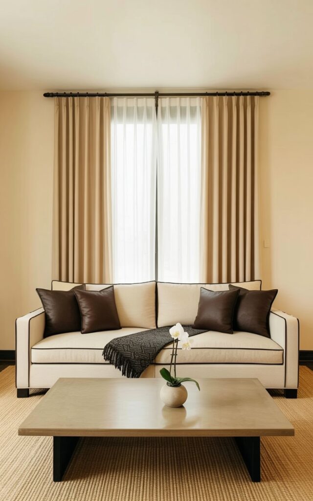 A comfortable beige sofa with dark brown throw pillows sits centered within the frame. The sofa's backrest is low and wide, with visible stitching details along the seams, and a dark gray patterned throw blanket is neatly folded across the cushions. Flowing beige curtains hang from a window, secured by sleek black metal rods and brackets, allowing diffused light to enter the room. A rectangular coffee table with a smooth, light wood finish sits directly in front of the sofa, and a simple ceramic vase with a single white orchid rests on its surface.