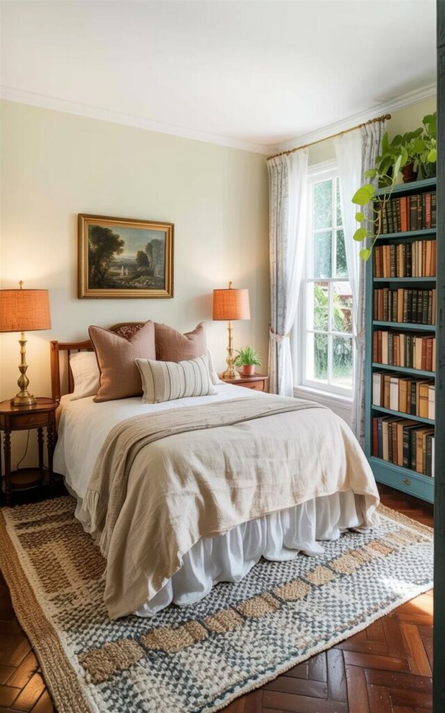 A double bed with a cream-colored linen duvet and several plush throw pillows sits centered in a softly lit bedroom. A woven rug with a geometric pattern in beige and gray covers the wooden floor beneath the bed, while a small wooden nightstand on either side holds a brass table lamp with a fabric shade casting a warm glow. A tall bookshelf filled with hardback books and potted plants stands against one wall, and a sheer white curtain filters the light coming through a window overlooking a garden. The room's walls are painted a pale yellow, and a vintage landscape painting hangs above the bed, adding a touch of understated charm.