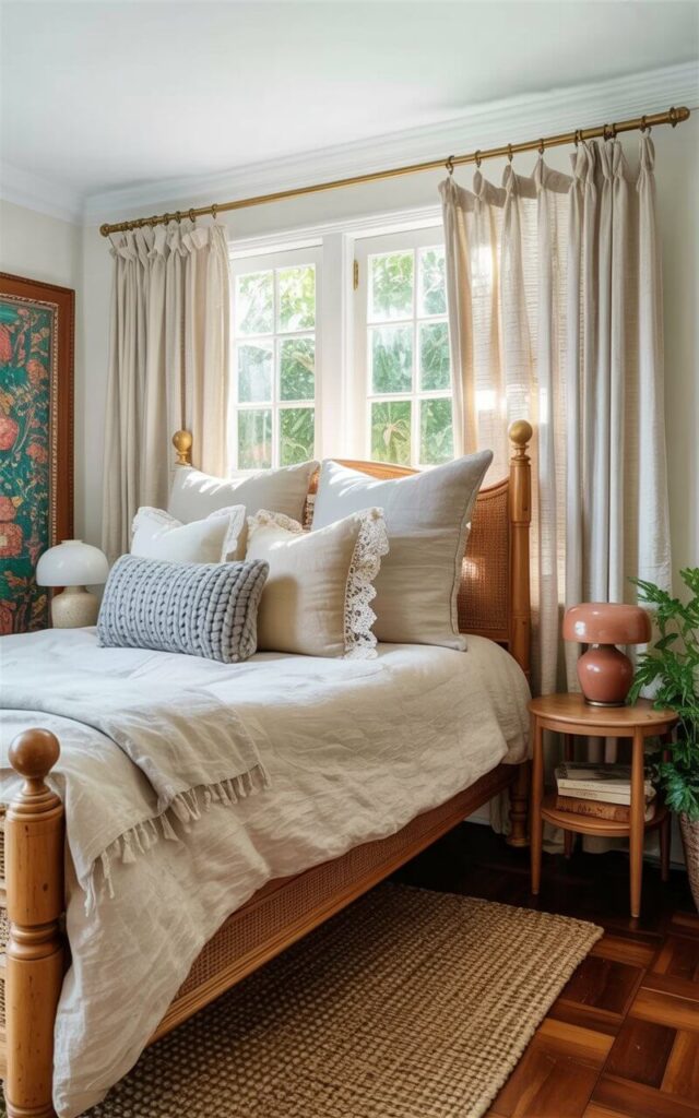 A queen-sized bed with a natural wood frame is centered within the room, covered in layers of ivory linen bedding. Several pillows in varying sizes and textures, including lace-trimmed cream pillows and a chunky knit grey pillow, are arranged casually against the headboard. Light-colored linen curtains hang from a brass curtain rod, partially filtering sunlight that illuminates dust motes floating in the air. A small, round wooden nightstand with a ceramic lamp sits beside the bed, while a woven rug with a subtle geometric pattern covers the hardwood floor.