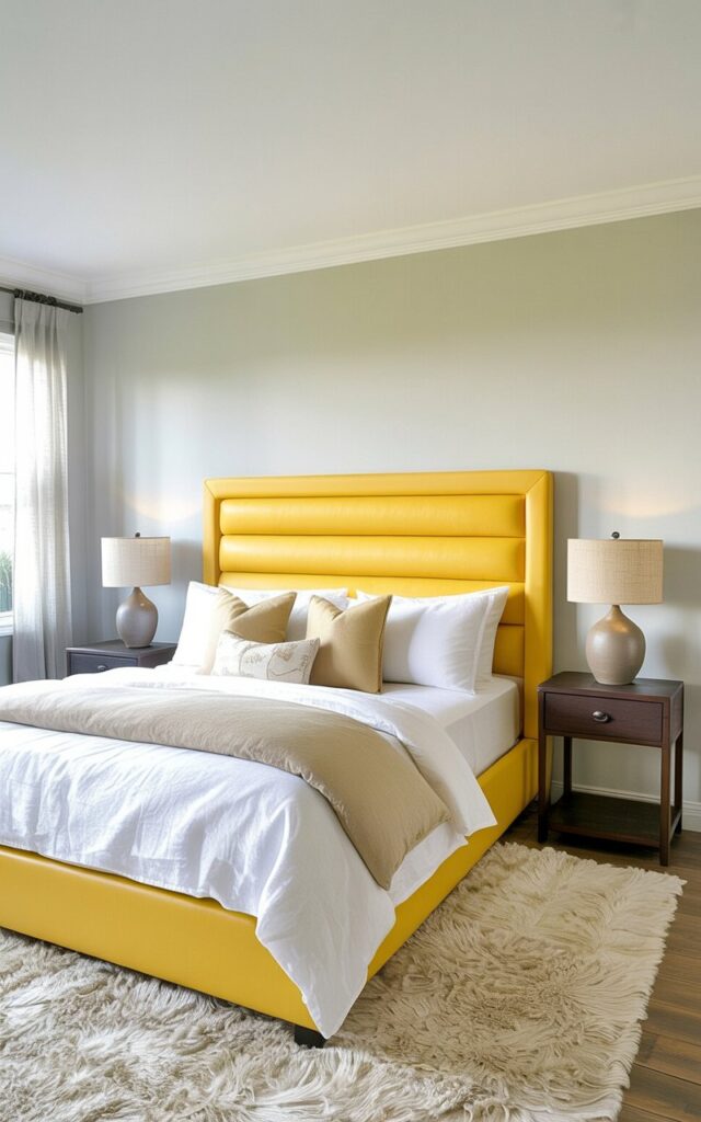 A king-sized bed is centered in the room, featuring a bold yellow upholstered headboard with thick, quilted stitching and gently rounded corners. Two dark brown wooden nightstands with simple, rectangular tops sit on either side of the bed, each holding a small ceramic table lamp with a linen lampshade. Neutral-colored linen bedding—a white duvet cover and beige decorative pillows—drapes across the bed, contrasting with the vibrant yellow headboard. The room has light gray walls, a large window with sheer white curtains, and a plush, cream-colored area rug covering the wooden floor.