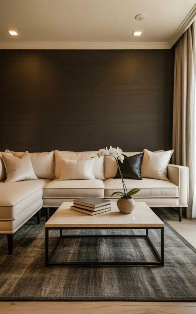 A beige sectional sofa with clean lines and black tapered legs sits on a dark gray area rug. The sofa features plush cushions and throw pillows in various shades of beige and cream, accented with a single black lumbar pillow. A rectangular coffee table with a black metal frame and a light beige top rests in front of the sofa, holding a stack of three books and a ceramic vase containing a single white orchid. The walls are painted a deep matte black, illuminated by recessed lighting fixtures embedded in the ceiling, while sheer beige curtains hang from a window to the right of the composition.