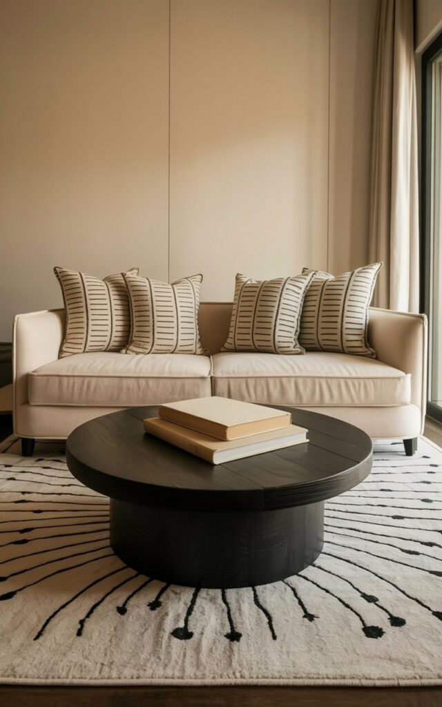 A plush, beige sofa sits centered within a living room, accented with an assortment of patterned cushions and a large area rug. The cushions feature a repeating geometric pattern of thin black lines against a soft beige background, while the rug displays a subtle, swirling design incorporating small black dots and stylized leaf shapes. A low, circular coffee table made of dark wood sits in front of the sofa, holding a stack of three hardcover books with plain beige covers. Natural light streams in through a large window to the right, illuminating the space and highlighting the textures of the textiles and wood surfaces.