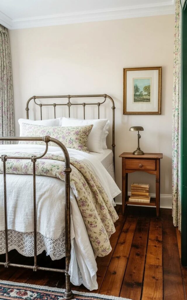 An antique wrought iron bed frame with subtle curves and a lightly aged finish sits centered in the room. The bed is covered with soft white linen sheets, a thick down comforter, and a floral throw blanket featuring small lavender and cream blossoms. A simple wooden nightstand with a single drawer and a small, antique brass lamp sits beside the bed, illuminating a stack of well-worn books. The bedroom features wide-plank wooden floors and a pale cream-colored wall with a single framed print depicting a landscape scene hanging above the nightstand.