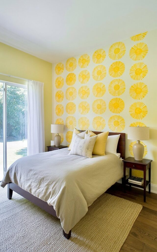 A queen-sized bed with a dark wood frame sits against a wall covered in a repeating pattern of stylized yellow sunflowers on a cream-colored background. The bed is covered with a linen duvet in a light gray color and several pillows in varying shades of beige and cream, with one decorative pillow featuring a subtle geometric pattern. Two dark wood bedside tables flank the bed, each holding a simple ceramic lamp with a white linen shade and a stack of books. A large woven rug in a natural jute color covers the hardwood floor, and a sheer white curtain hangs over a large window allowing soft daylight to fill the room.