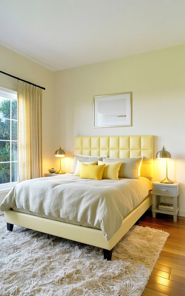 A king-sized bed with a padded headboard covered in a cream-colored fabric dominates the room, featuring a duvet cover in a pale gray linen with scattered yellow throw pillows. Two bedside tables, each with a brushed brass lamp emitting a soft glow, sit on either side of the bed. Cream-colored curtains are drawn closed, filtering the light and creating a cozy atmosphere while a plush, cream-colored area rug covers the hardwood floor. The walls are painted a soft cream white, with a single framed print depicting a minimalist landscape hanging above the headboard.
