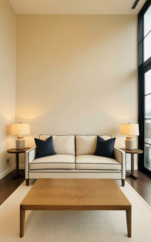 A beige upholstered sofa with dark brown wooden legs sits centered in the room. Two small wooden side tables with smooth surfaces flank the sofa, each holding a simple ceramic lamp with a cream-colored shade. A light brown wooden coffee table, free of any objects, rests directly in front of the sofa, its surface showing the natural grain of the wood. The living room features pale beige walls, dark brown hardwood flooring, and a large window allowing soft daylight to fill the space.