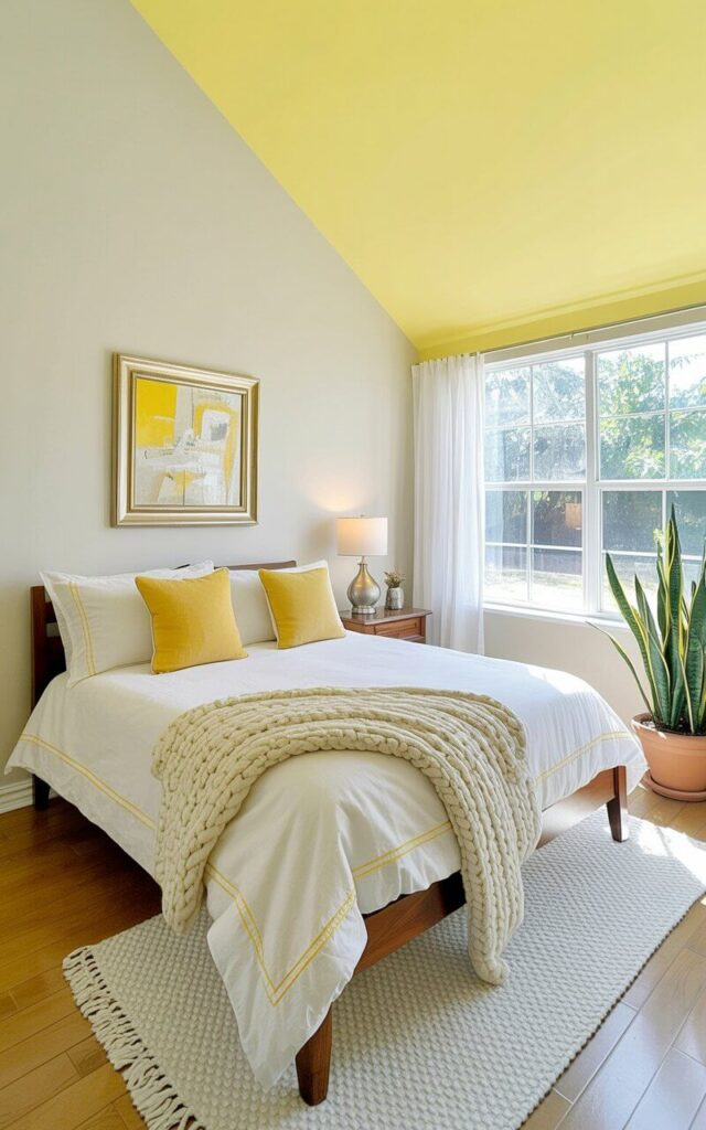 A queen-sized bed with a dark wood frame sits centered in the room, covered in white cotton sheets with thin yellow piping along the edges and a thick, cream-colored knitted throw blanket draped across the foot. Two square yellow pillows and two rectangular white pillows rest against the headboard, while a small wooden nightstand with a silver lamp stands on one side of the bed. A white area rug with a subtle geometric pattern covers the wooden floor, and a framed abstract painting with yellow and white shapes hangs on the clean white wall opposite the bed. Natural light streams in through a large window covered by sheer white curtains, illuminating a potted snake plant in a terracotta pot positioned in the corner of the room.