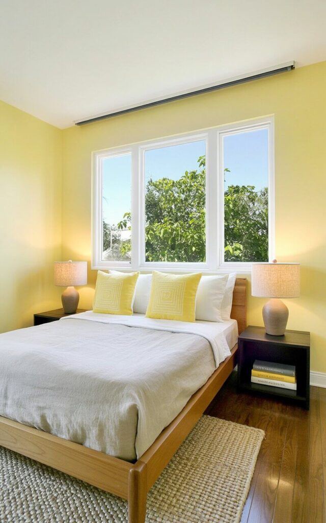 A queen-sized bed with a low-profile wooden frame is centered in the room, featuring a linen duvet cover in a light gray tone and two yellow square cushions with subtle geometric patterns. A dark wood nightstand sits on either side of the bed, each topped with a small ceramic lamp with a linen shade and a stack of three books with neutral-colored spines. A woven rug with a subtle beige and cream pattern lies on the hardwood floor, partially visible beneath the bed and nightstands. Large windows with sheer white curtains allow natural light to flood the room, revealing a view of lush green trees and a clear blue sky beyond.