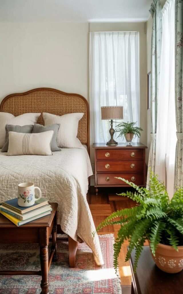 A simple wooden bed with a woven headboard sits centered in the room, covered with a cream-colored quilt and several linen pillows in shades of beige and gray. A small, dark wood dresser with brass knobs stands against the far wall, topped with a vintage lamp featuring a fabric shade. A matching bedside table holds a stack of books and a ceramic mug with a floral pattern. Sunlight streams through a window draped with sheer white curtains, illuminating the hardwood floor and a potted fern in a terracotta pot placed near the window.