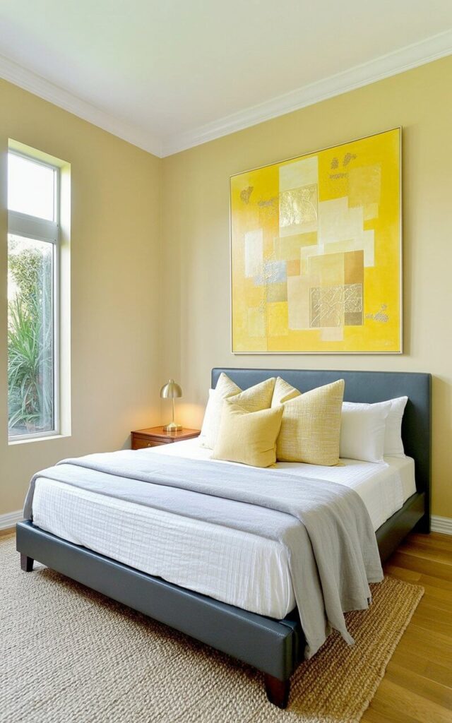 A king-sized bed with a dark gray upholstered headboard sits centered against a pale beige wall. The bed is dressed with crisp white linen sheets, a light gray wool blanket, and several textured throw pillows in shades of ivory and soft yellow. Above the bed hangs a large rectangular artwork displaying abstract shapes and patterns in varying shades of yellow, gold, and cream, with some areas featuring subtle darker tones. A natural fiber rug with a low pile covers the hardwood floor, and a simple wooden nightstand with a brass lamp rests on one side of the bed, while a tall, narrow window with sheer curtains allows soft natural light into the room.