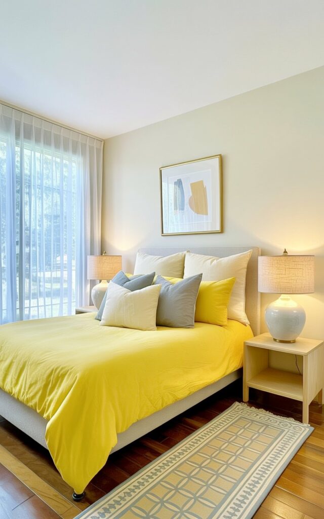 A queen-sized bed with a yellow duvet cover sits centered in the room, layered with several plush cushions in shades of cream, gray, and pale yellow. Two rectangular bedside tables, each made of light-colored wood, flank the bed, each topped with a simple white ceramic lamp with a linen lampshade. The walls are painted a soft off-white and feature a single framed print of abstract shapes hanging above the headboard. A patterned area rug with a geometric design in neutral tones lies on the hardwood floor, extending from the bed towards a large window covered by sheer white curtains allowing diffused daylight into the room.