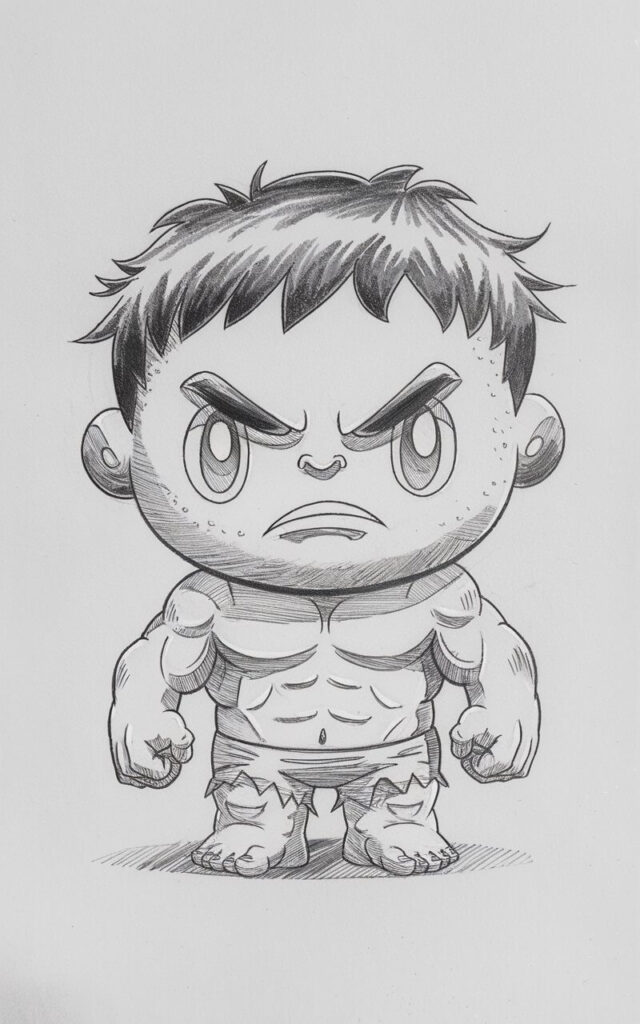 A pencil drawing of a chibi-style Hulk character on a plain white background. The Hulk has a large, round head with simplified facial features, including large oval eyes and a small, frowning mouth. The body is short and compact, with stubby arms and legs. The muscles are implied using minimal curved lines. The hair is sketched with short, jagged strokes. There is light shading under the chin and feet. The overall style is simplistic, giving the Hulk a playful and approachable personality.