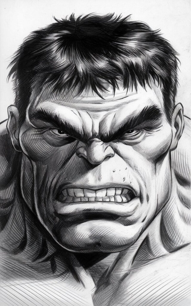 A plain white background pencil drawing of a close-up, intense, angry facial shot of the Hulk. The Hulk's brows are deeply furrowed, creating heavy shadowed ridges above his narrowed eyes that glare forward with raw emotion. The eyes are slightly asymmetrical, adding realism and tension. The Hulk's nose is broad and flared, with firm shading emphasizing its structure. The mouth is partially open, revealing clenched teeth drawn with rough, jagged pencil strokes. Subtle cross-hatching defines the cheeks, jawline, and thick facial muscles. The skin texture is suggested through light, uneven shading rather than heavy detail.