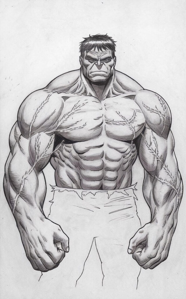 A gritty, plain white background pencil drawing illustration of Hulk standing with visible battle scars across his arms and chest. The scars are shown as thin, uneven lines, lightly shaded to blend with the skin. His posture is upright and calm, suggesting endurance rather than rage. The face is serious, eyes steady and alert. Muscles remain smooth and simplified. The entire image is drawn in a simplistic style, emphasizing resilience, experience, and subtle storytelling.
