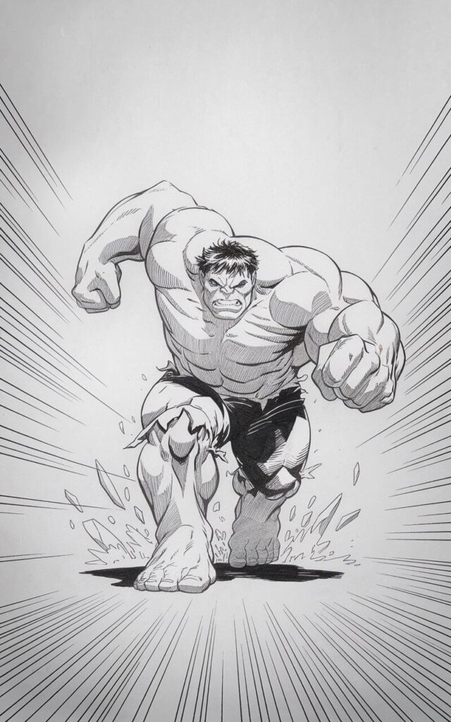 A plain white background pencil drawing illustration of the Hulk charging forward with powerful momentum. One leg drives ahead while the other pushes off the ground, shown through angled lines and light shading. His arms swing forcefully, fists clenched, and his face displays fierce determination with focused eyes and a tight brow. Motion lines trail behind the body to enhance speed. The background remains empty to maintain clarity. The artwork is drawn in a simplistic style.