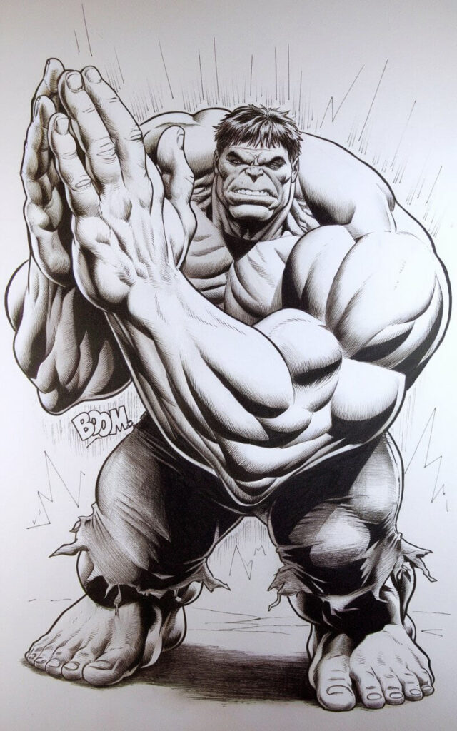 A pencil drawing of the Hulk in a thunder-clapping pose, with his massive hands brought together like praying. Hulk's face shows a neutral, almost confused expression, adding charm. The arms are bent inward, keeping the pose compact. The background is a plain white background. The drawing is in a simplistic style, focusing on gesture, proportion, and visual humor. The Hulk is standing. There is a "Boom" text near the hands.