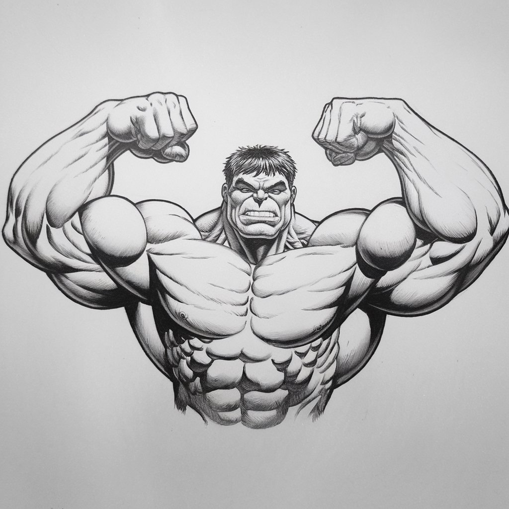 A pencil drawing of the Hulk on a plain white background. The Hulk is flexing his muscles, with a confident and proud expression. His biceps and shoulders are exaggerated, and the muscles are rendered using rounded shapes and soft shading. The neck is thick and solid. The linework is clean and controlled. The drawing is in a simplistic style, focusing on exaggerated strength and clear muscle definition.