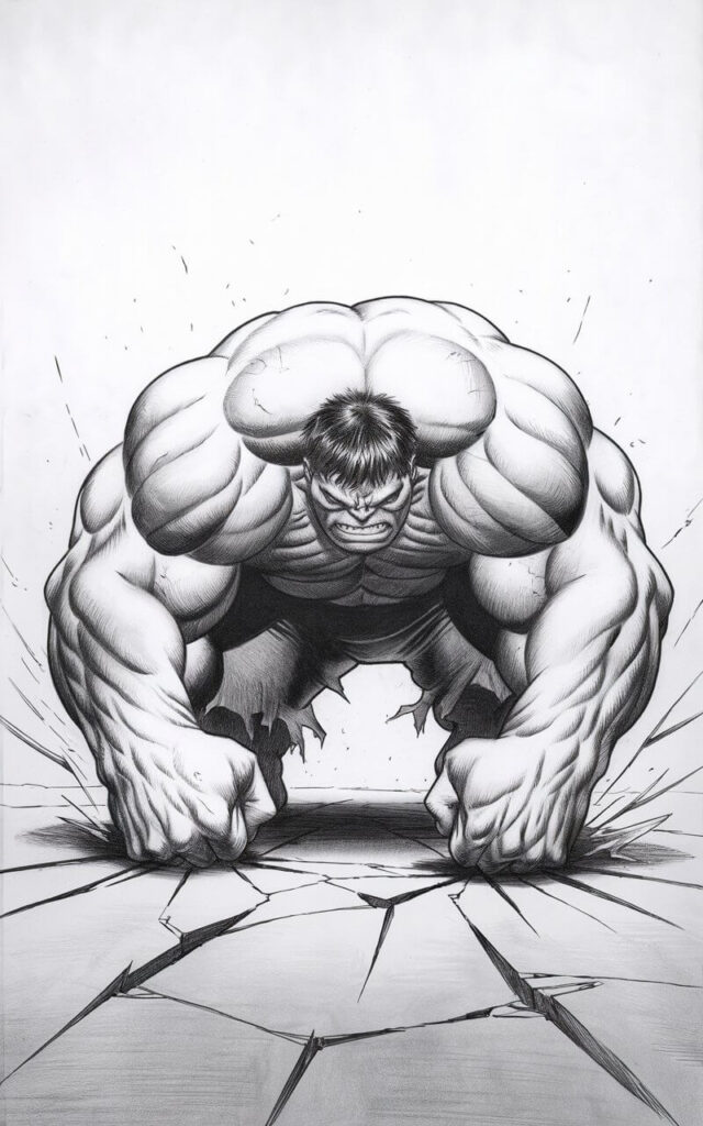 A powerful, plain white background pencil drawing illustration of the Hulk crouched low as he smashes both fists into the ground. His arms are thick and bent, with rounded muscle forms emphasized through soft shading. Cracks spread outward from his fists using jagged pencil lines, suggesting impact. His head is lowered, eyes focused downward, and teeth clenched in concentration. The pose feels heavy and grounded. The background remains empty to keep attention on the action. The image is drawn in a simplistic style.