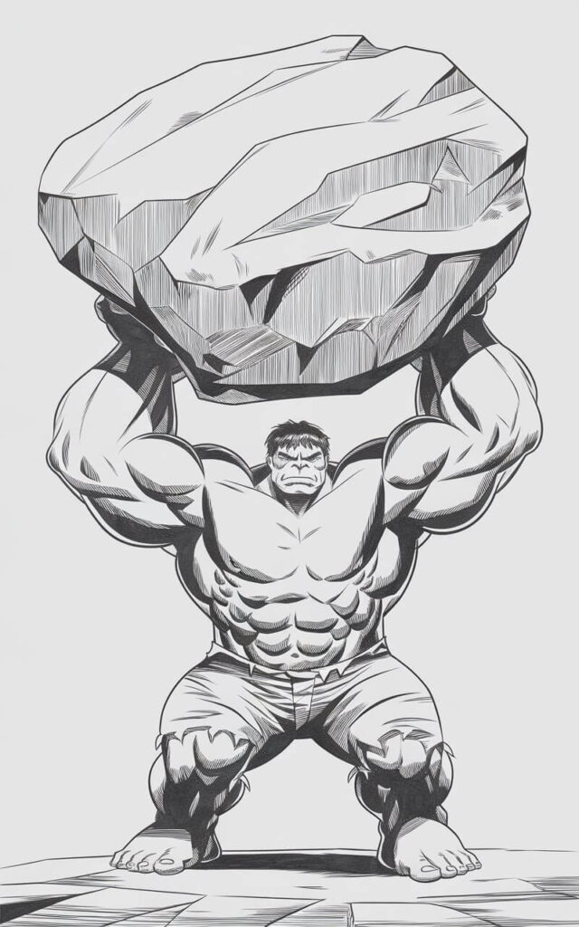 A pencil drawing illustration of the Hulk on a plain white background. The Hulk is gripping a massive boulder in both hands. The rock has uneven edges and light cross-hatching to suggest a rough texture. The Hulk's arms are thick and slightly bent, showing controlled strength rather than strain. His stance is steady, with legs apart, grounding the composition. His expression is neutral and confident. The entire illustration is drawn in a simplistic style, highlighting the contrast between the organic stone texture and the smooth muscular form.