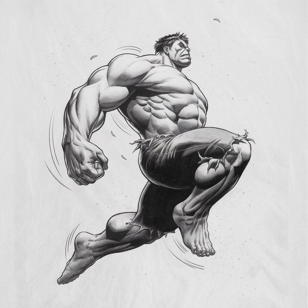 A dynamic, plain white background pencil drawing illustration of the Hulk captured mid-jump. His knees are bent upward, and his arms lift slightly back, creating a sense of upward motion. The torso leans forward, with gentle shading defining muscle mass. Hulk's expression is focused and determined, eyes looking ahead. Small motion lines beneath the feet suggest lift-off. The composition stays uncluttered. The artwork is drawn in a simplistic style, emphasizing movement, balance, and airborne energy.