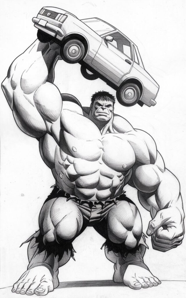 A pencil drawing of the Hulk holding a small car above one shoulder. The car is simplified into clean geometric shapes with lightly sketched wheels and windows. The Hulk's arm is raised, thick and curved, with subtle shading showing strength without excessive detail. The Hulk's stance is wide and stable, with legs firmly planted. The face appears calm and unfazed, reinforcing his power. The entire scene is drawn in a simplistic style, keeping the focus on scale and strength.