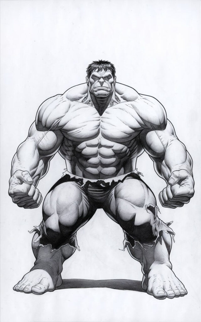 A clean, plain white background pencil drawing illustration of the Hulk standing firmly in a wide power stance. His legs are planted apart, showing balance and weight, while both fists are clenched tightly at his sides. The chest is broad and lifted, with smooth pencil shading defining the pectoral muscles and shoulders. His face is calm yet intense, with steady eyes and a slightly tightened jaw. Clean contour lines emphasize his solid silhouette. The entire figure is drawn in a simplistic style, focusing on strength, posture, and confidence without unnecessary detail.