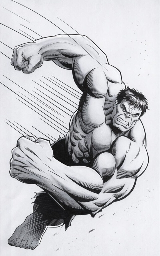 A dynamic, plain white background pencil drawing illustration of Hulk frozen at the moment his punch lands. One arm extends forward with a large clenched fist, drawn slightly larger to enhance perspective. The torso twists, indicated by curved contour lines and light shading across the chest and abdomen. His face shows determination, with narrowed eyes and a tight mouth. Motion lines trail behind the arm to suggest speed. The piece is drawn in a simplistic style, emphasizing action, clarity, and powerful movement.