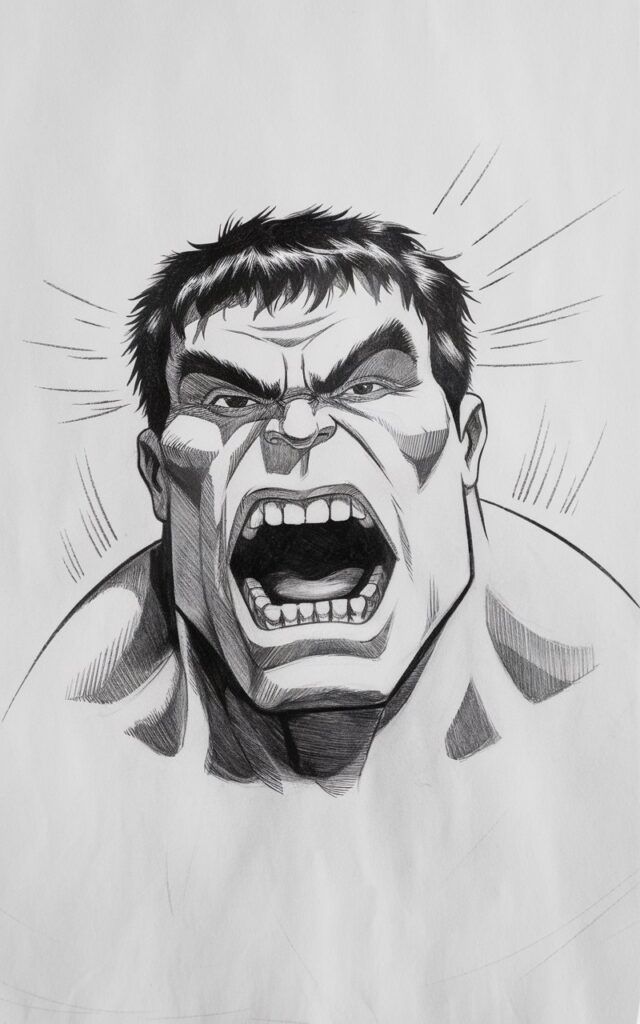 A simplistic pencil drawing of the Hulk on a plain white background. The Hulk is captured mid-roar, with his mouth wide open, revealing large, uneven teeth and a darkly shaded interior that adds depth. The eyes are narrowed, with tension lines extending outward to emphasize rage. The eyebrows angle sharply downward, and the cheeks stretch with the force of the roar. Light sketch lines around the head suggest movement and sound. Shading is kept minimal but purposeful, focusing on emotion, energy, and clear facial expression.