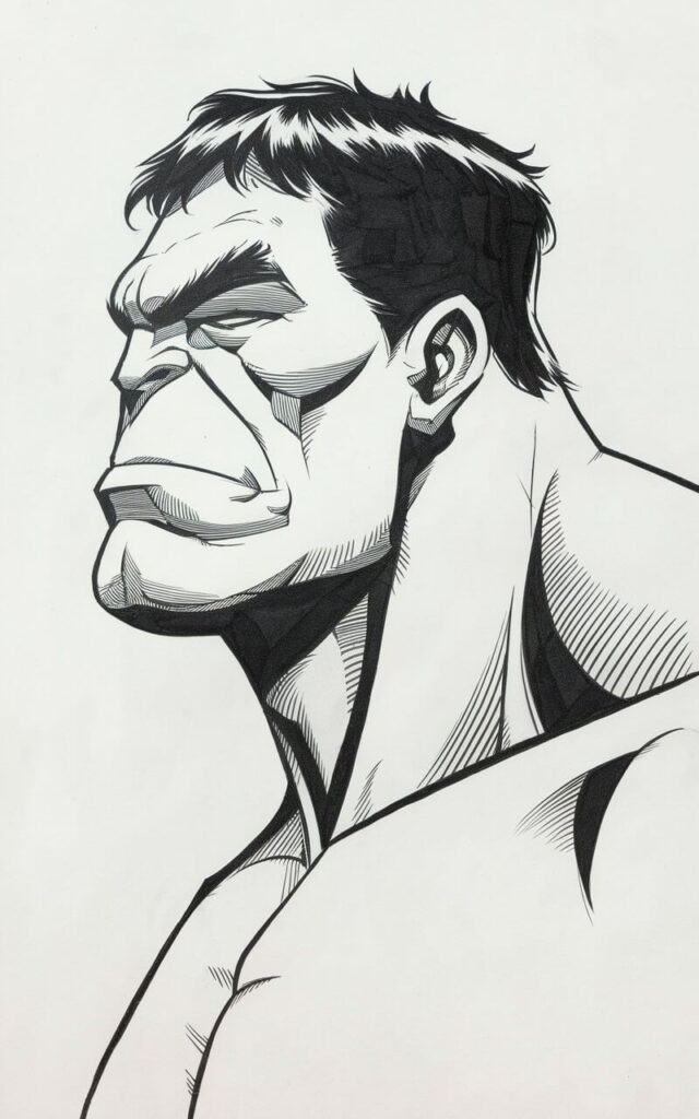 A refined, plain white background pencil drawing illustration of Hulk in a strong side profile view. The forehead slopes forward into a heavy brow ridge, leading to a broad nose and a pronounced jawline. The mouth is closed, giving him a calm but powerful expression. The neck is thick and solid, with gentle shading to suggest muscle layers. Minimal pencil strokes define the ear and hairline. The outline is bold and confident, relying on silhouette rather than detail. The artwork is drawn in a simplistic style, emphasizing structure, proportion, and iconic form.