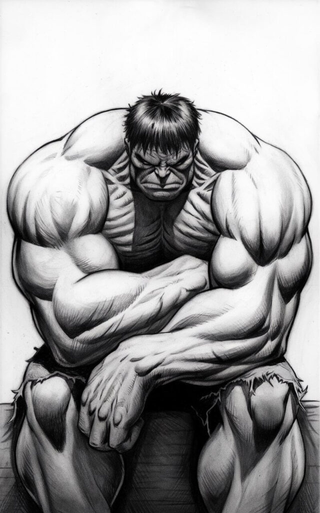 A moody, plain white background pencil drawing illustration of Hulk sitting with elbows resting on his knees. His broad shoulders curve slightly forward, giving the pose a heavy, thoughtful feel. The head tilts downward, eyes shadowed to suggest quiet frustration or deep thought. Light pencil shading defines the arms and legs, emphasizing weight without sharp detail. The posture communicates emotion through body language alone. The drawing is drawn in a simplistic style.