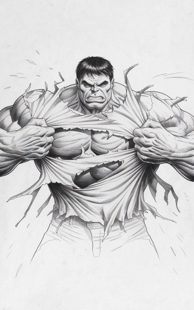 A plain white background pencil drawing illustration of the Hulk tearing his shirt apart across his chest. The fabric stretches and rips with jagged pencil lines, contrasting against his smooth, rounded muscles. His arms are bent outward, showing tension through subtle shading along the biceps and forearms. Hulk's expression is focused and intense, with narrowed eyes and a clenched mouth. The torn fabric edges are lightly textured to show motion. The scene is drawn in a simplistic style, keeping the action clear and visually powerful.