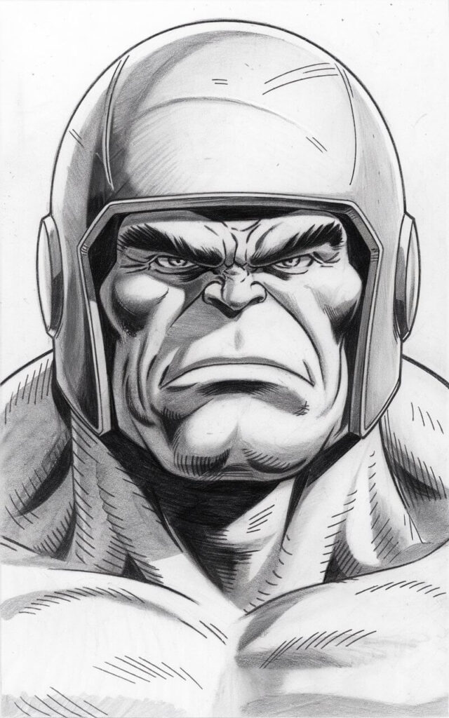 A pencil drawing of the Hulk wearing a large helmet. The helmet has a smooth, rounded surface with a few light scratches. The Hulk's eyes peer out from beneath the helmet with a mildly annoyed expression. His jaw is set firmly, and the neck muscles are thick and shaded lightly. The artwork is drawn in a simplistic style.