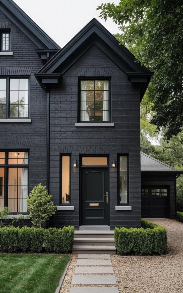 A black house exterior featuring textured black brick creates visual depth and a strong, minimalist statement. The façade is sleek yet tactile, and a central black front door with a door handle provides a welcoming entry. Large windows with narrow black frames punctuate the walls, letting in abundant light. Minimalist landscaping with low hedges and stone pathways complements the dark exterior. This very well designed home exudes solidity and timeless appeal, with the interplay of black brick and understated details delivering a sophisticated, modern aesthetic.
