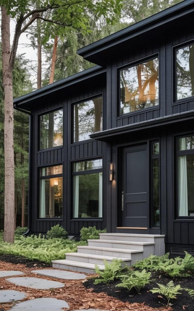 A modern black house with dark-stained timber cladding sits nestled within a dense forest. Large rectangular windows reflect the surrounding trees, with some panes showing the texture of the bark and leaves. A matte black front door with a brushed silver door handle is centered on the facade, leading to a set of gray stone steps. The ground around the house is covered in a layer of fallen leaves and small ferns, with a few strategically placed boulders near the base of the house.