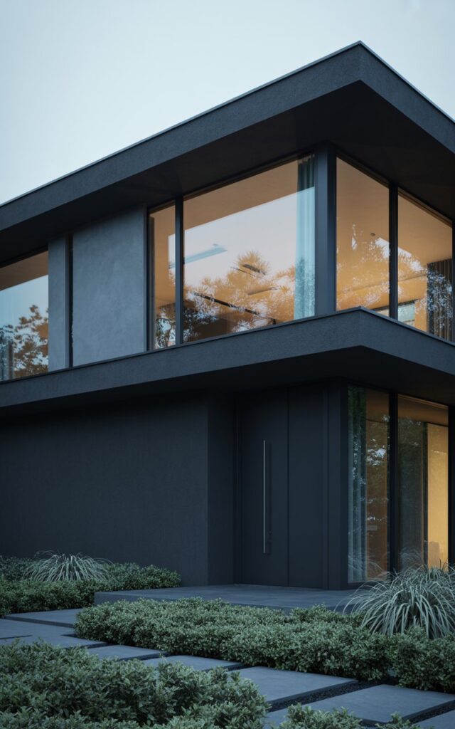 A contemporary architectural photograph of a striking black house featuring sleek geometric lines and a flat roof that embodies minimalist modern design principles. The façade is painted in rich matte black, creating a bold monolithic presence, while expansive floor-to-ceiling windows with thin black frames create dramatic contrasts and allow warm interior light to glow softly from within. The simple black front door sits flush with the wall, adorned with a sleek stainless steel handle that maintains the home's refined aesthetic. The surrounding landscape features carefully manicured low shrubs, ornamental grasses, and clean-cut stone pathways that complement the dark architectural tones, all captured in soft natural daylight that emphasizes the home's sophisticated geometric forms.