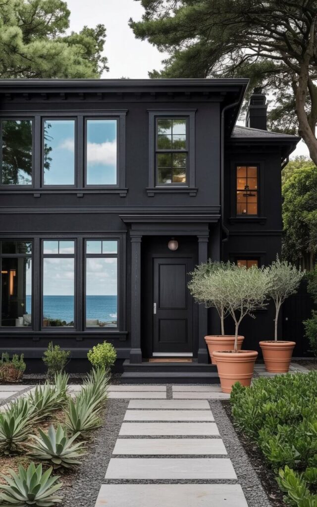 A two-story matte black house with a flat roof sits on a slightly elevated dune overlooking the ocean. Large rectangular windows with black frames cover the front facade, reflecting a bright blue sky and scattered white clouds. A black front door with a brushed silver door handle is centered in the entryway, leading to a covered porch. Gray stone pathways wind through a minimalist landscape of drought-tolerant succulents and three large terracotta pots containing olive trees.