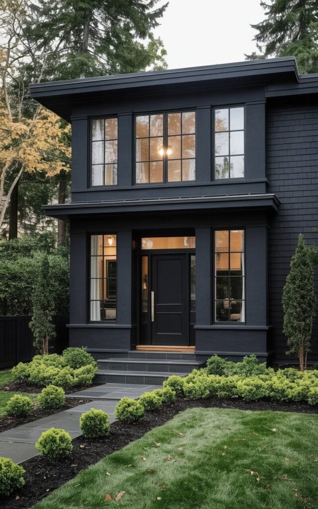 A two-story black house features a flat roof with a slight overhang and a rectangular silhouette. Large, dark-framed windows extend from the floor to the ceiling on both levels, revealing glimpses of the interior. A black front door with a brushed metal handle is recessed within a wide entryway, flanked by two rectangular windows on either side. The surrounding landscape consists of dark gray stone pathways leading to the front door and minimal landscaping featuring low-lying evergreen shrubs and neatly trimmed boxwoods, situated on a level patch of green lawn.