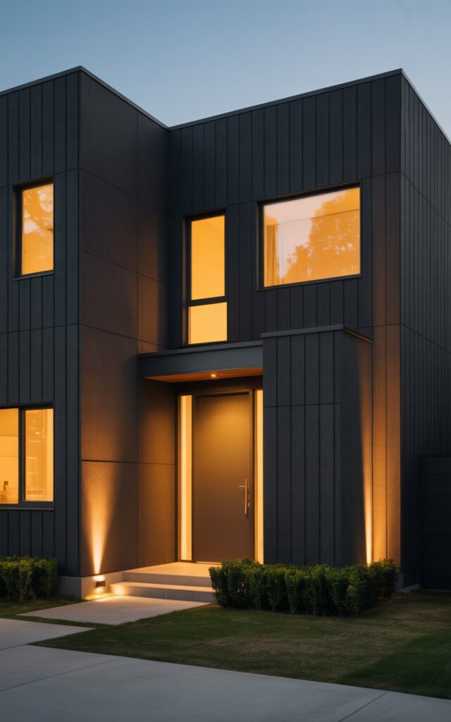 A nighttime photograph of a sleek modern house exterior featuring matte black siding and clean geometric architecture. The minimalist two-story structure showcases large rectangular windows glowing with warm amber light from within, while strategically placed outdoor fixtures cast golden highlights across the dark façade and architectural lines. A welcoming front door with brushed metal hardware sits centrally beneath a subtle overhang, flanked by soft landscape lighting that traces along the concrete driveway. The surrounding minimalist landscaping includes neatly trimmed low shrubs and a simple lawn, all bathed in the gentle interplay of warm artificial lighting against the deep black exterior walls.
