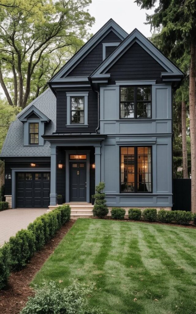 A two-story house with a black exterior and gray roofing sits on a slightly sloping lawn. The front façade is painted deep black with gray trim outlining the windows and a gray panel extending from the roofline. A black front door with a brushed nickel door handle is centered on the façade, and large rectangular windows with dark frames provide views into the interior. A two-car garage with a matching black exterior is attached to the left side of the house, and neatly trimmed shrubs border the lawn along the property line.