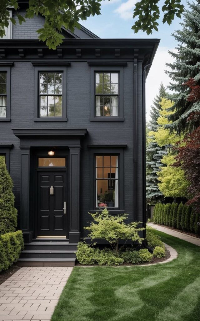 A matte black, two-story house stands on a slightly sloping lawn with a paved walkway leading to the front door. The front door is black with a brushed silver door handle and a small rectangular window near the top. Large, rectangular windows are evenly spaced across the front facade, reflecting the surrounding foliage of various green shrubs and deciduous trees. A neatly trimmed lawn extends beyond the house, bordered by a row of tall evergreen trees in the background and a clear blue sky overhead.
