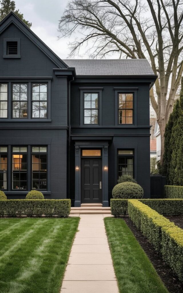 A two-story black house stands on a level lawn with a symmetrical design. The exterior walls are smooth and feature large rectangular windows with dark frames, and a single black door is centered on the front façade with a brushed silver door handle. A narrow concrete pathway leads from the street to the front door, bordered by neatly trimmed boxwood hedges. Bare deciduous trees stand along the property line, and a light gray overcast sky fills the background.