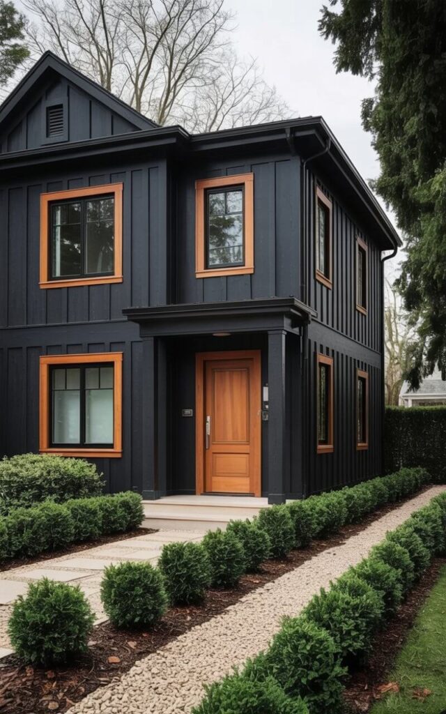 A two-story black house features clean lines and a geometric design with black vertical siding accented by horizontal honey-toned wood panels around the windows, roofline, and entryway. The front door is constructed from a warm-colored wood with a brushed metal handle positioned centrally. Low-growing evergreen shrubs and light-colored gravel pathways border the house, creating a minimalist landscape. The surrounding environment consists of a clear, overcast sky and neatly trimmed hedges framing the property.