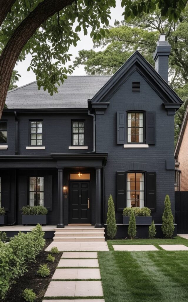 A traditional home painted in matte black transforms into a minimalist, very well designed home. Classic architectural elements like gabled rooflines, symmetrical windows, and modest columns are highlighted against the black house exterior. The front door, painted black with a door handle, provides a clear entry point. White trim around windows subtly balances the darkness, while clean pathways and minimal greenery frame the house. The design successfully modernizes a traditional structure while maintaining timeless elegance, resulting in a minimalist yet bold curb appeal.