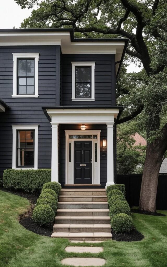 A striking black house exterior with crisp white trim emphasizes architectural details in a timeless, minimalist style. The very well designed home features black siding with smooth finishes and a front door in black, complete with a door handle. White window frames, roof edging, and subtle column accents create contrast while keeping the design balanced and visually engaging. The entryway is framed with neat hedges and stone steps, enhancing the clean lines. The overall composition is elegant, minimalist, and confident, demonstrating how black and white can create a perfectly harmonious exterior.