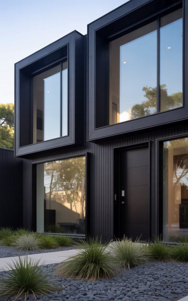 A black house exterior highlighting bold window frames on a very well designed home. The minimalist structure features deep black siding with large windows framed in contrasting black trim that adds rhythm and architectural interest. The front door has a door handle and matches the sleek black design, enhancing the minimalist aesthetic. The surrounding landscaping is simple, with low-maintenance greenery and gravel paths. Light reflecting on the windows adds depth and warmth, demonstrating how the carefully designed black house exterior balances darkness and brightness, creating a visually compelling and contemporary minimalist home.