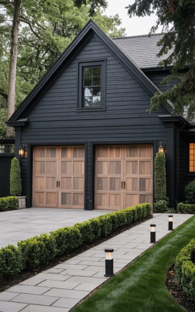 A two-story black house features a prominent two-car garage with oversized wood-paneled doors. The garage doors are made of horizontal planks of light brown stained wood with dark bronze-colored hardware. A simple black door with a brushed nickel handle is centered on the front facade, positioned adjacent to a single rectangular window with a black frame. Low-voltage pathway lights illuminate a curved stone paver walkway leading to the front door, bordered by neatly trimmed boxwood hedges along the house's foundation and a manicured lawn beyond.